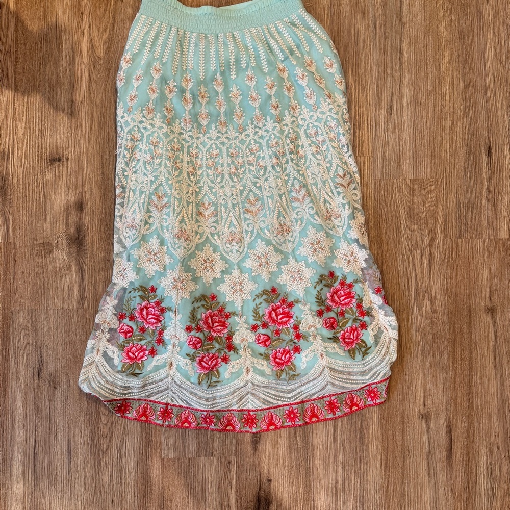 Soft Surroundings Aqua and Red Embroidered Maxi Skirt - Picture 2 of 7